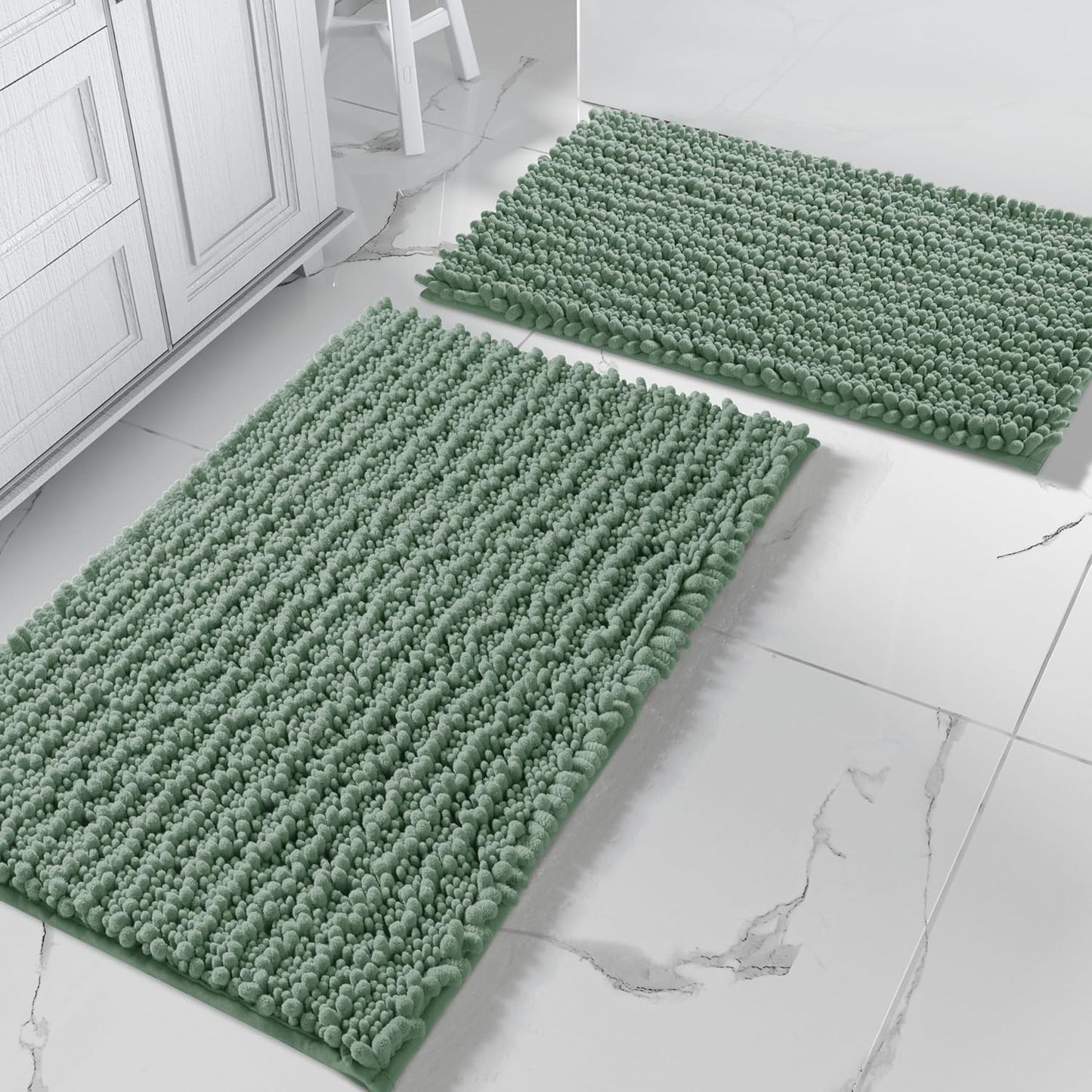 Yimobra Bathroom Rugs Sets 2 Piece - Quick Dry Extra Thick Luxury Chenille Bath Mat, Non Slip Super Absorbent for Tub Shower Sink, Machine Washable Shaggy Floor Mat, 32"x20"+24"x17" Inch, Green