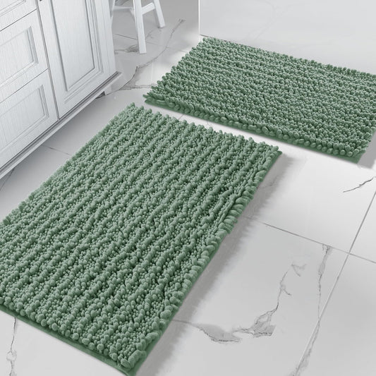 Yimobra Bathroom Rugs Sets 2 Piece - Quick Dry Extra Thick Luxury Chenille Bath Mat, Non Slip Super Absorbent for Tub Shower Sink, Machine Washable Shaggy Floor Mat, 32"x20"+24"x17" Inch, Green