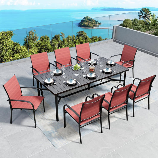 Patio Dining Set 9 PCS, 8 Stable Outdoor Dining Chairs with Rectangular Dining Table, Patio Table and Chairs Set for Lawn,Garden,Deck and Backyard