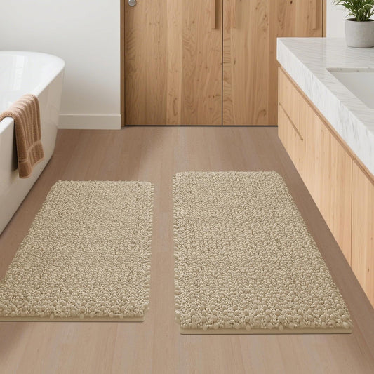 ACCUMTEK Upgrade Luxury 2 Piece Beige Toilet Bathroom Rug Mat 32"x20"+24"x17", Ultra Soft Thick Absorbent Bath Mats, Non Slip Chenille Toilet Mat for Bathroom, Bedroom, Kitchen, Shower, Tub