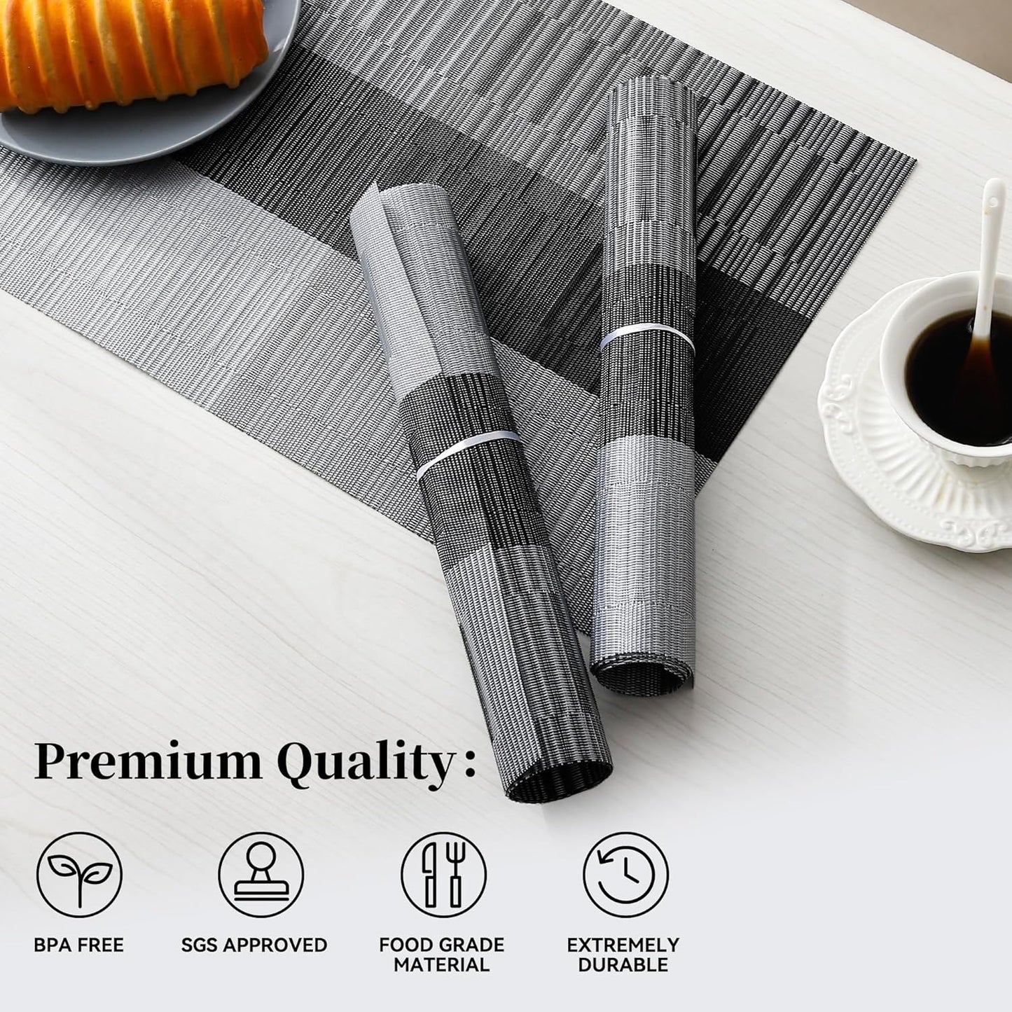 Leetaltree Grey with White Striped Placemats Set of 8 - Heat Resistant Non-Slip Place mats for Dining Table, Washable Durable PVC Vinyl Woven Table Mats（Grey Stripe, 8）