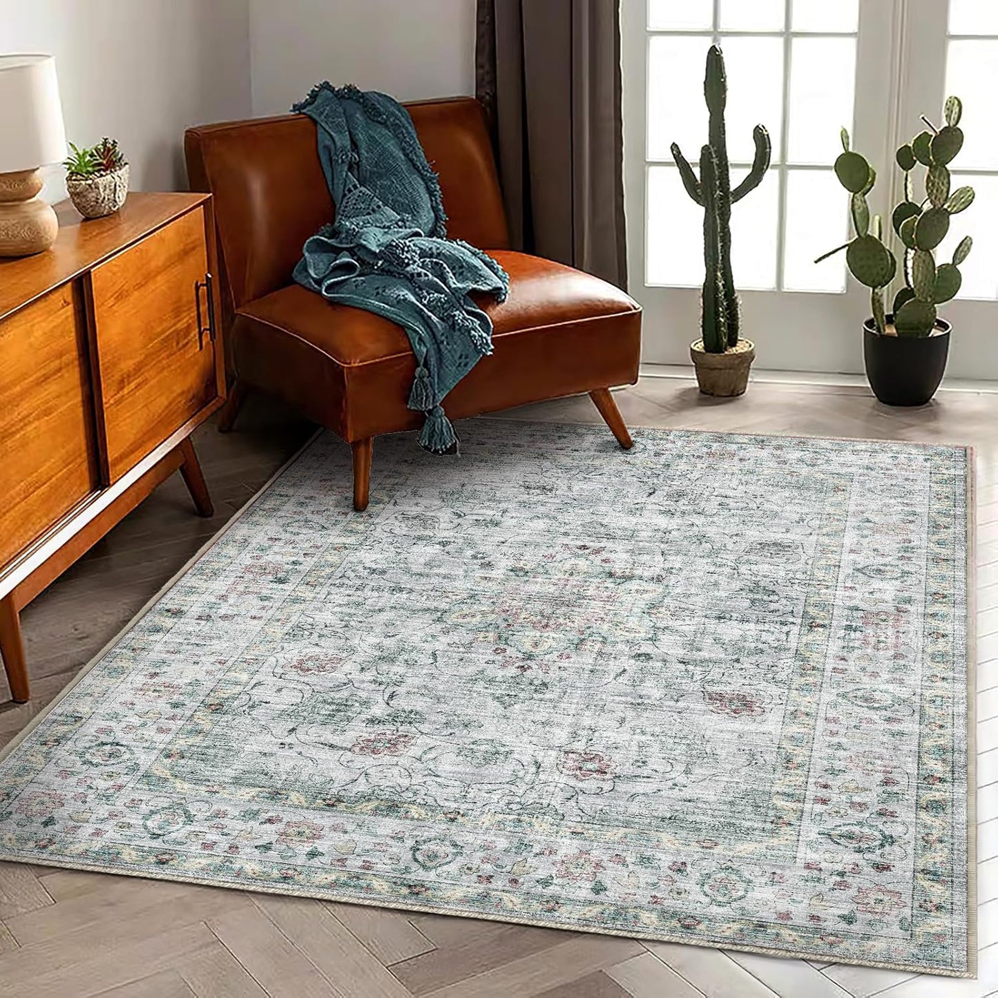Washable Area Rug 4'x6' Traditional Floor Cover Foldable Thin Rugs Retro Kitchen Indoor Distressed Non Slip Carpet Floral Print Mat Bedroom Living Room