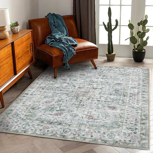 Washable Area Rug 4'x6' Traditional Floor Cover Foldable Thin Rugs Retro Kitchen Indoor Distressed Non Slip Carpet Floral Print Mat Bedroom Living Room