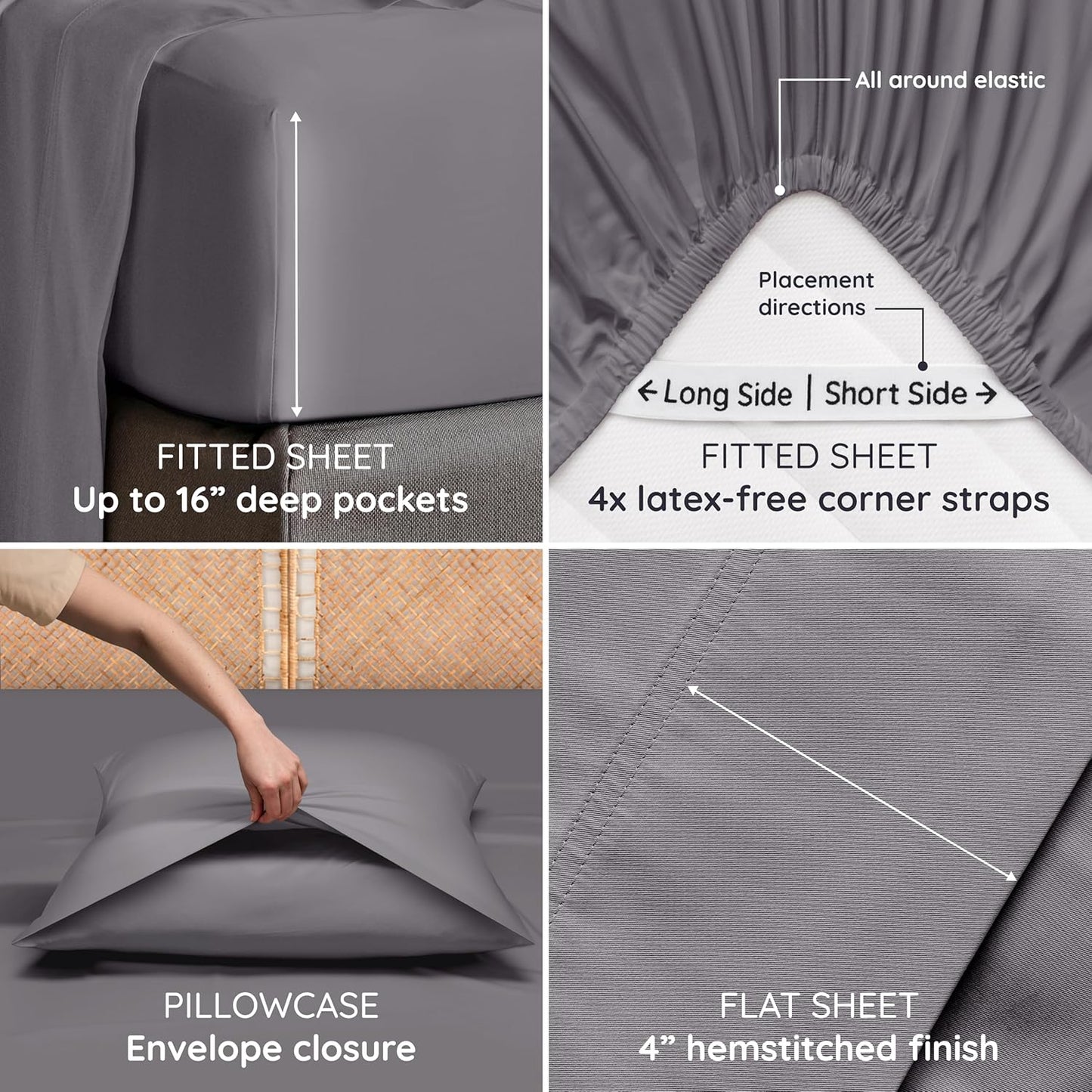 Bambaw 100% Viscose Derived from Bamboo Sheets Queen Size Set – 6pcs Deep Pocket Cooling Queen Sheets, Fits Up to 16'' with Elastic Corner Straps, Buttery Soft Sheets Queen (Dark Gray)