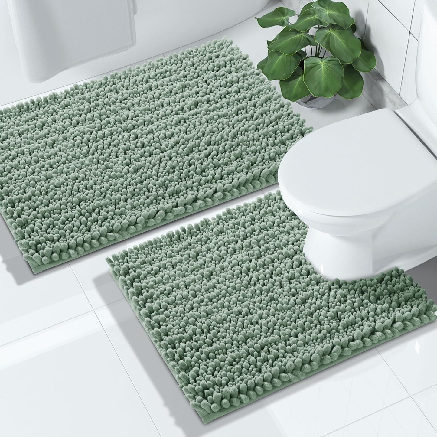 Yimobra Bathroom Rugs Sets 2 Piece - Quick Dry Extra Thick Luxury Chenille Bath Mat, Non Slip Super Absorbent for Tub Shower Sink, Machine Washable Shaggy Floor Mat, 32"x20"+24"x20" Inch, Green