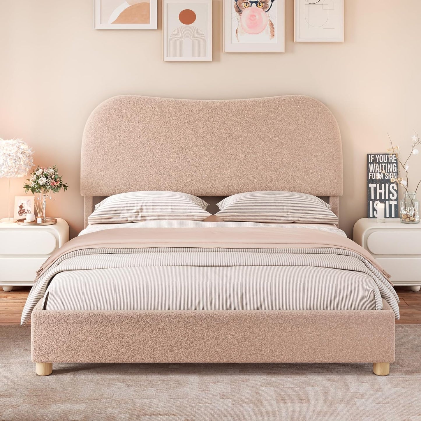 AMERLIFE Queen Size Upholstered Boucle Bed Frame, Soft Cloud Platform Bed with Adjustable Headboard, Modern Design, Rounded Corners, Rubberwood Legs, No Box Spring Needed, Easy Assembly, Beige