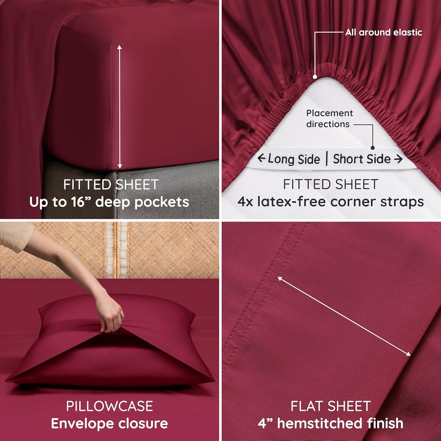 Bambaw 100% Viscose Derived from Bamboo King Size Sheet Set - 4pcs Super Soft & Cooling Sheets, Luxury Sheets King Size Deep Pocket, Fits Up to 16'' Mattresses with Elastic Corner Straps (Burgundy)
