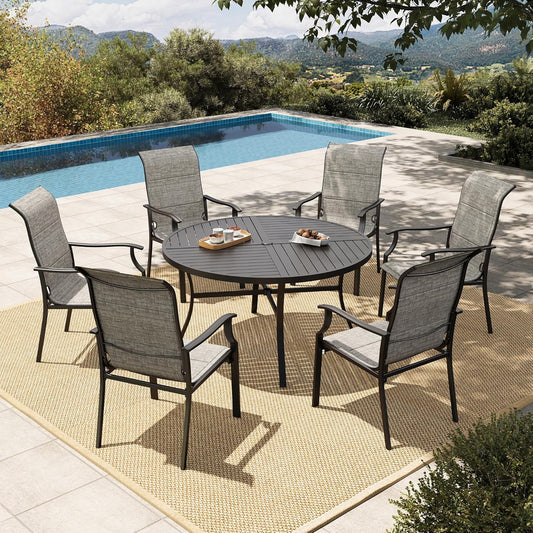 HERA'S HOUSE 7 Pieces Outdoor Dining Sets, 1 Round Steel Weather Resistant Table with 1.57" Umbrella Hole and 6 High Back Patio Chairs for Lawn Garden Backyard