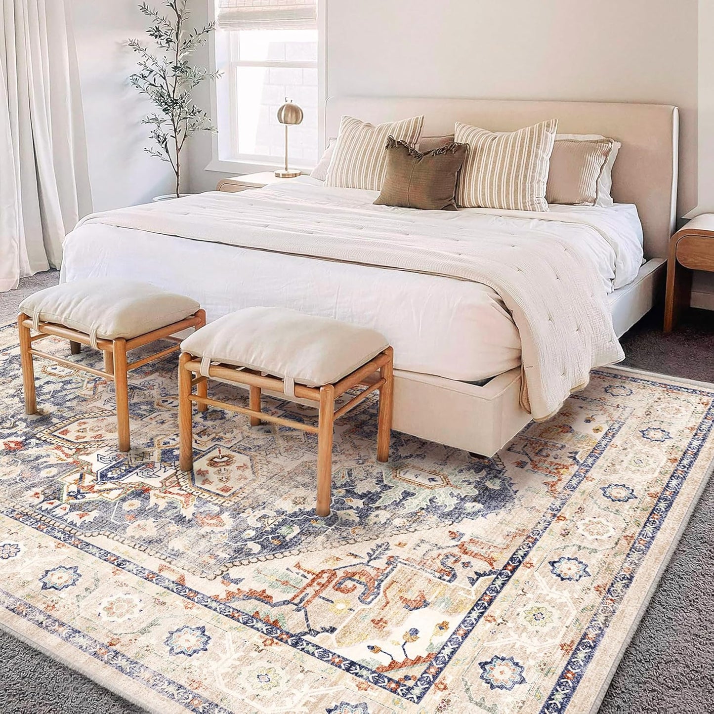 Washable Area Rug 9'x12' Blue Khaki Retro Flowers Boho Design Non-Shedding Easy Care Ideal for High Traffic Areas in Living Room Bedroom Office Coffee Table Kitchen Large Carpet