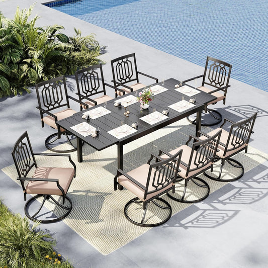 MFSTUDIO Patio Table and Chairs Set, Patio Dining Set for 8 Persons, 9 Piece Outdoor Dining Set with Swivel Chairs, Metal Outdoor Patio Furniture Set for Deck Backyard Poolside Garden