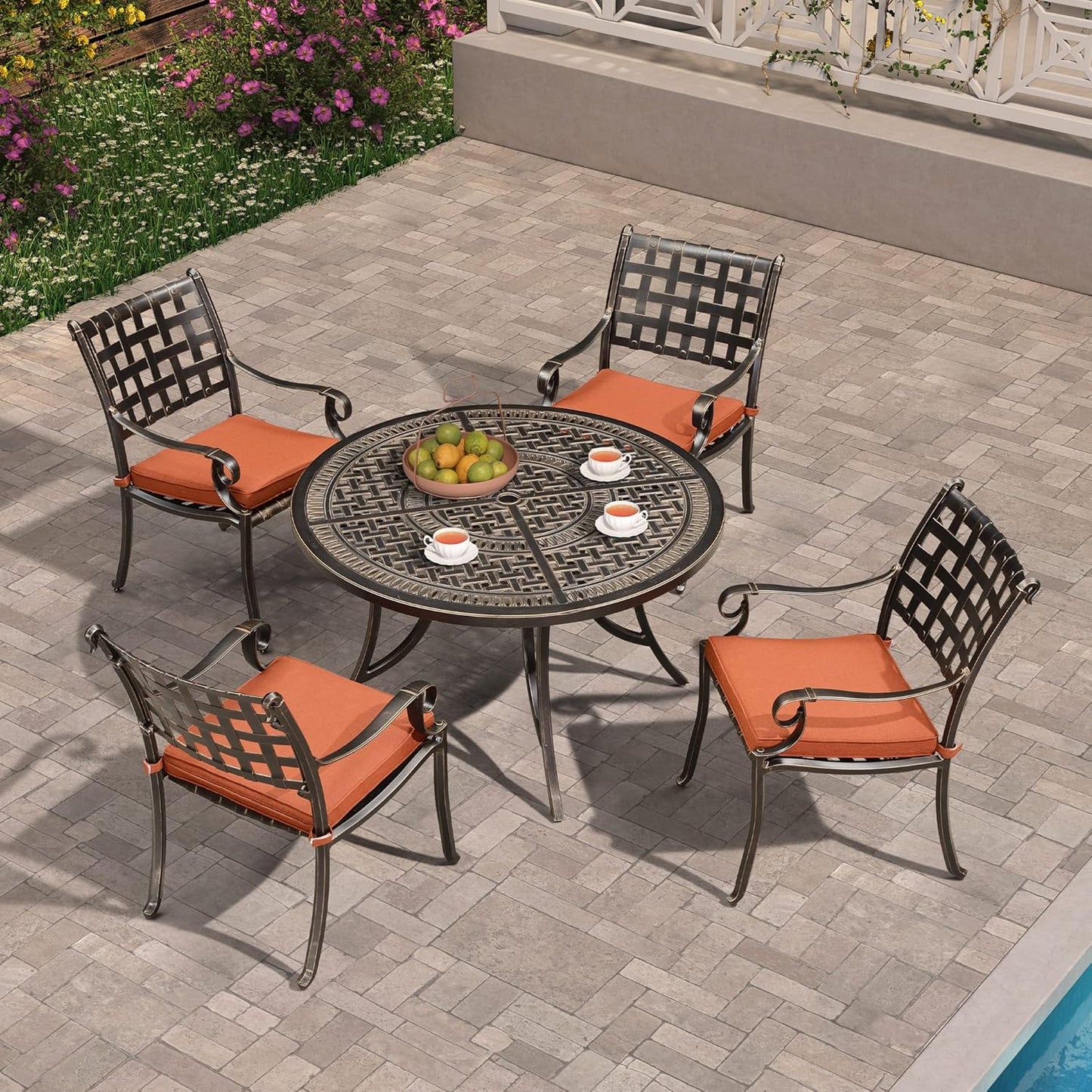 PURPLE LEAF Patio Dining Set Cast Aluminum 5-Piece Patio Furniture Set with 4 Dining Armchairs and 47" Round Table, 4 Cushions Included, for Lawn Yard Garden, Lattice Brick Red Outdoor Dining Set