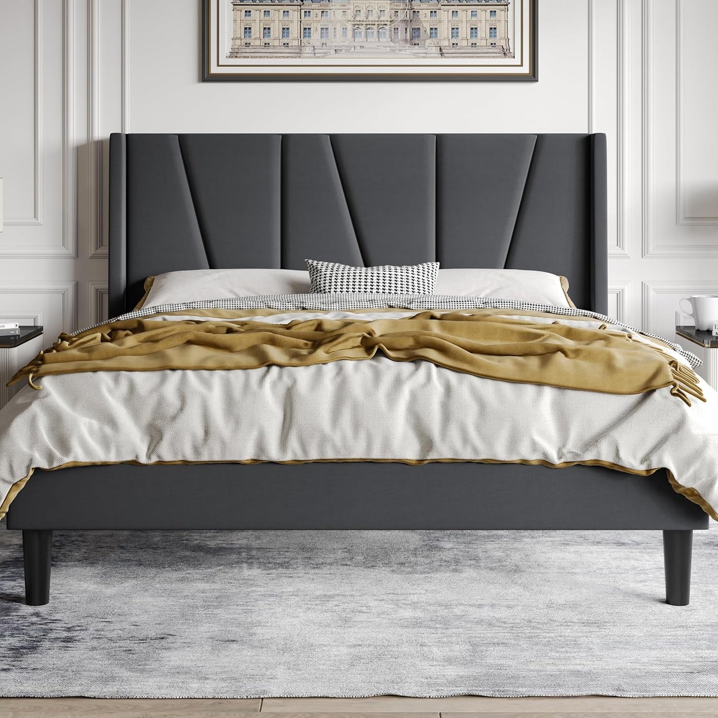 HOOMIC Queen Size Platform Bed Frame with Geometric Wingback Headboard, Wooden Slats Support, No Box Spring Needed, Modern Style in Dark Grey