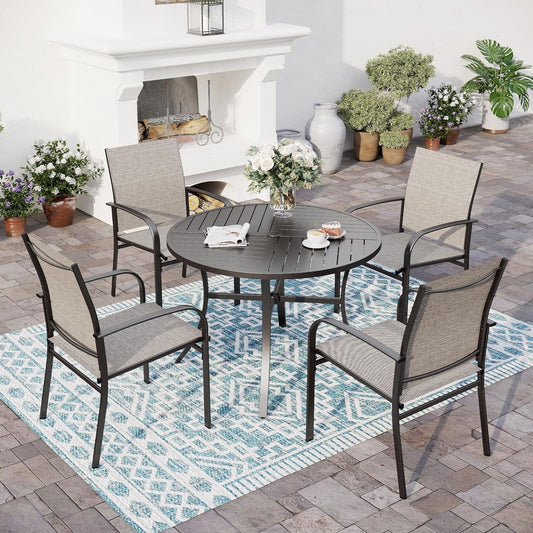 5 Piece Patio Dining Set for 4, 42" x 42" Round Metal Table with Umbrella Hole and 4 Brown Chairs, Outdoor Table and Chairs Set for Lawn Backyard and Deck