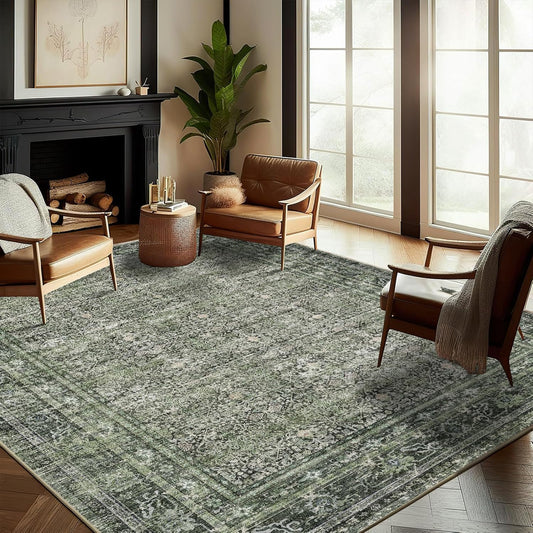 Washable Area Rug 8'x10' Retro Boho Design Non-Shedding Non-Slip Easy Care Ideal for High Traffic Areas in Living Room Bedroom Office Coffee Table Kitchen Large Carpet