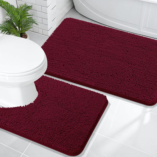OLANLY Bathroom Rugs Sets 2 Piece, Soft Absorbent Chenille Bath Mats and U-Shaped Contour Toilet Mat Area Rug Set, Machine Washable Bath Carpet, Home Decor Accessories(36"x24"+24"x20", Burgundy)