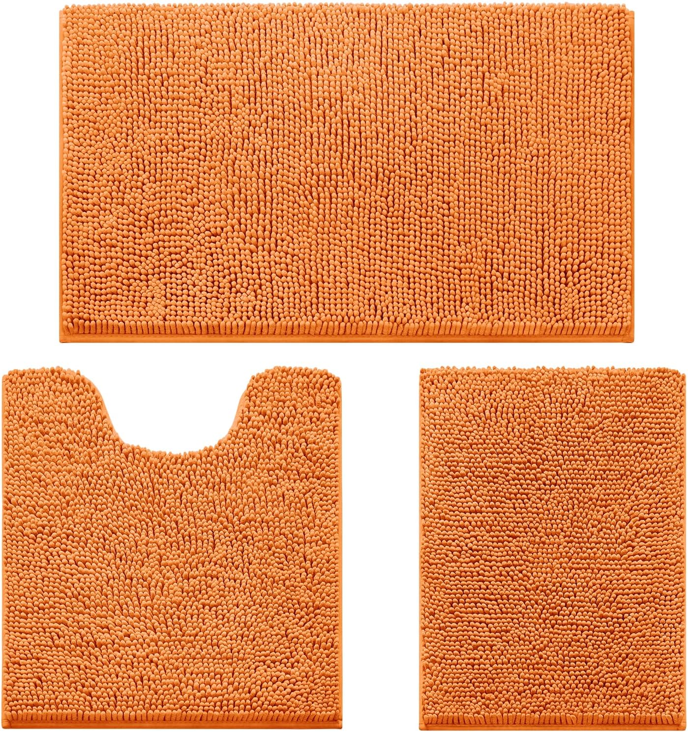 HOMEIDEAS 3 Pieces Bathroom Rugs, Ultra Soft Non Slip Absorbent Chenille Toilet Bath Mat Set (Orange,17"x24"+20"x32"+U Shape 20"x24")