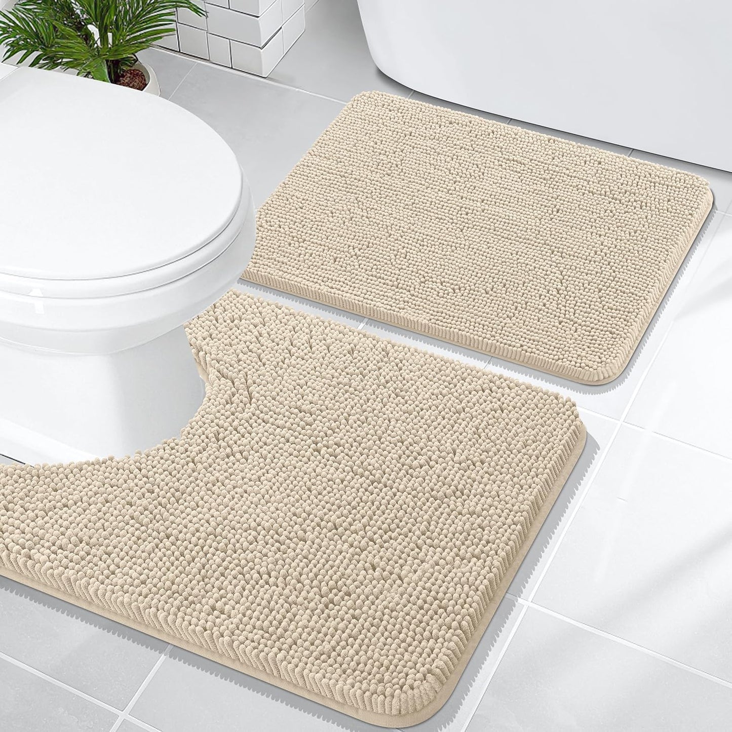 OLANLY Bathroom Rugs Sets 2 Piece, Soft Absorbent Chenille Bath Mats and U-Shaped Contour Toilet Mat Area Rug Set, Machine Washable Bath Carpet, Home Decor Accessories(24"x16"+24"x20", Sand)