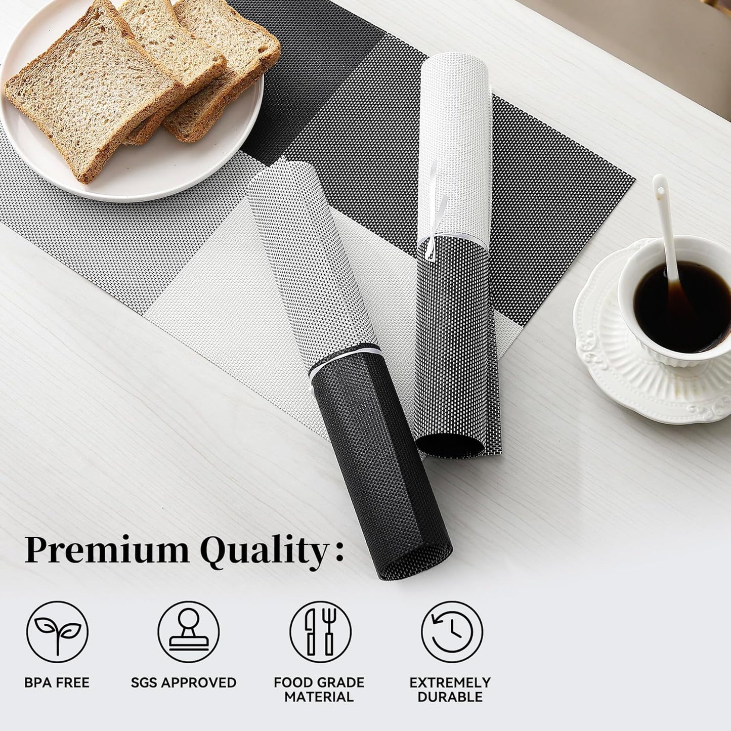 Leetaltree Gray with White Grid Pattern Placemats Set of 4 - Heat Resistant Non-Slip Place mats for Dining Table, Washable Durable PVC Vinyl Woven Table Mats（Grey Grid, 4）