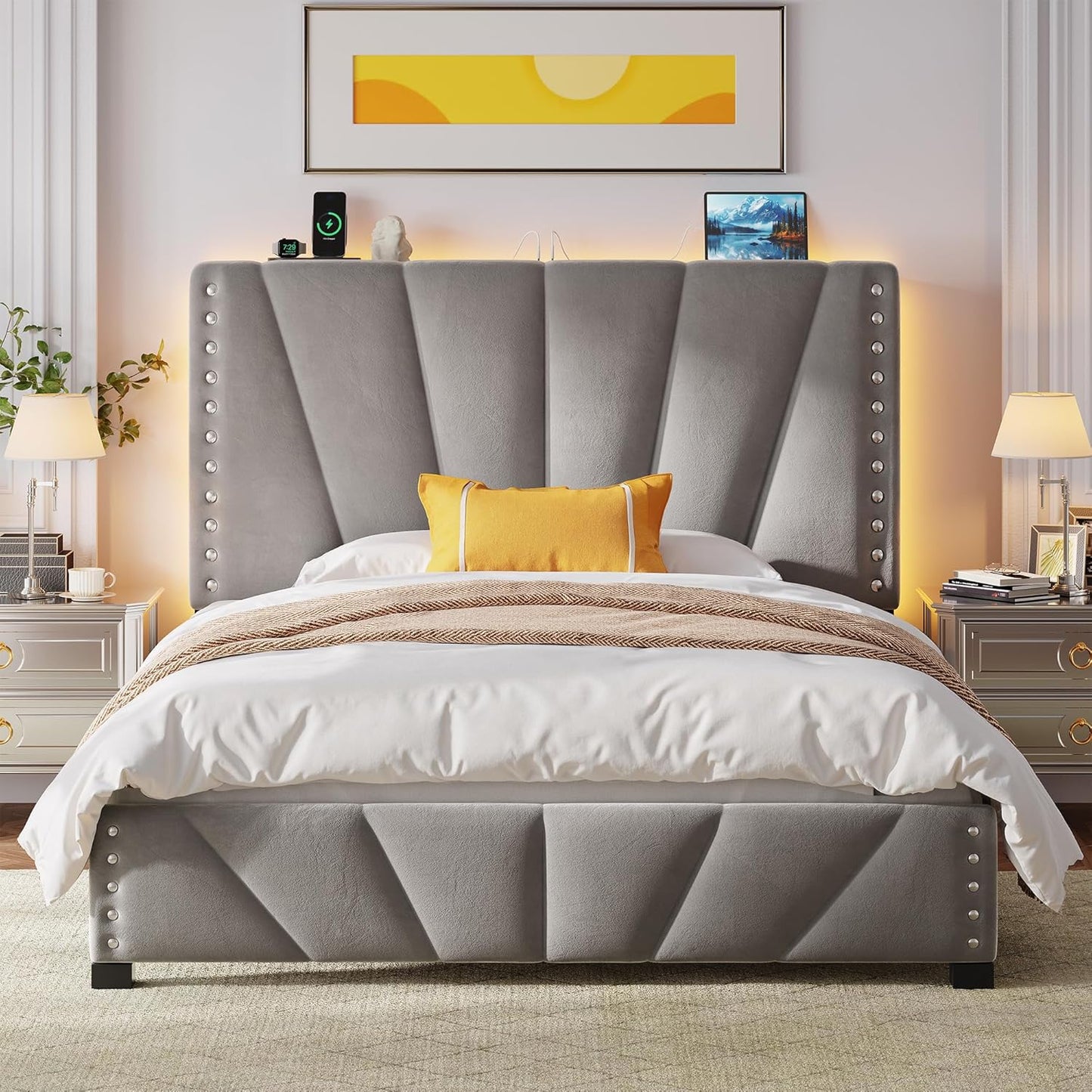 EnHomee Full Size Bed Frame, Velvet Bed Frame with Headboard and Led Light, Platform Bed Frame for Bedroom Apartment, Dorm, Noise-Free, Easy Assembly, Dark Gray