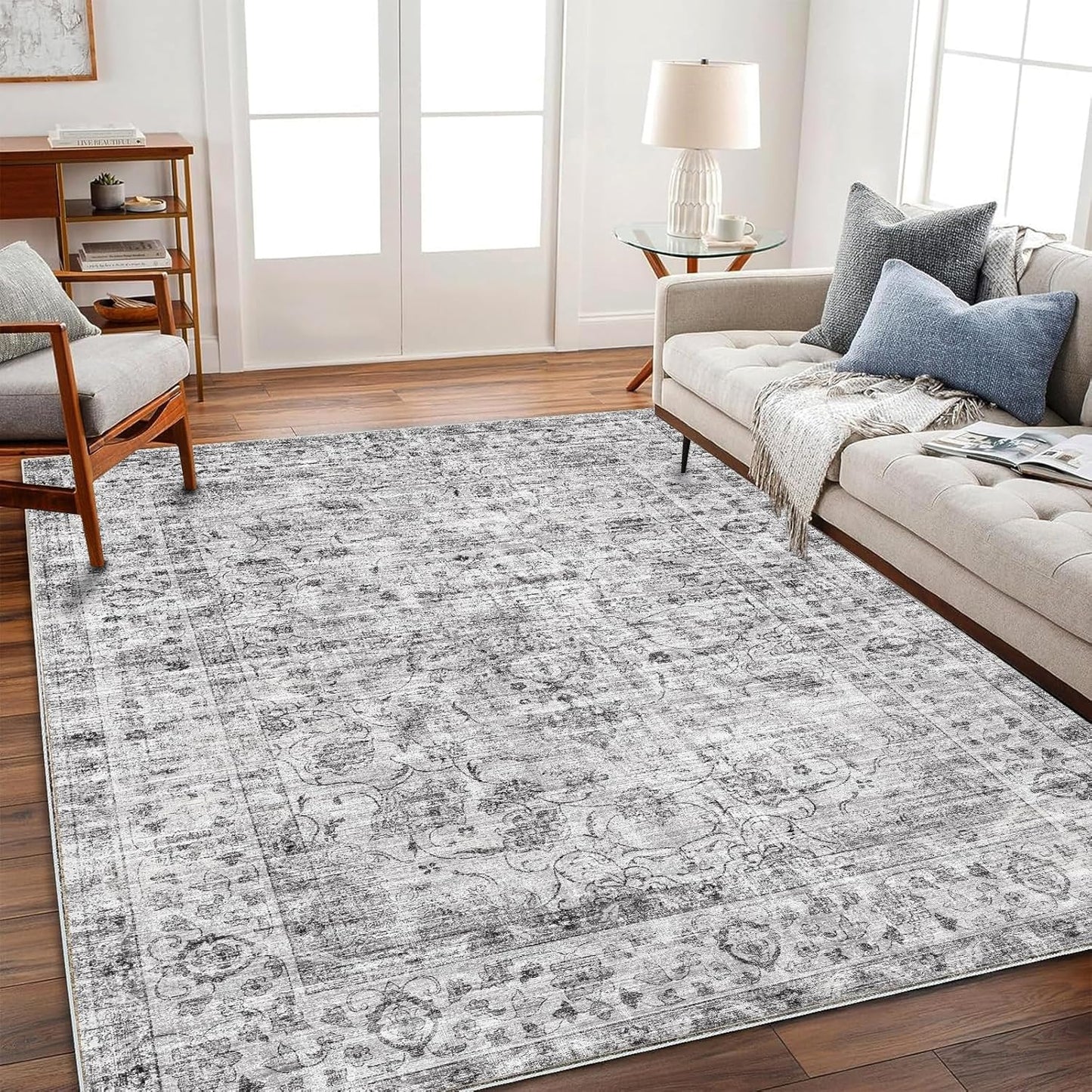 Area Rug 6'x9' Washable Vintage Traditional Floor Cover Thin Retro Kitchen Indoor Distressed Non Slip Carpet for Living Room Bedroom Dining Room