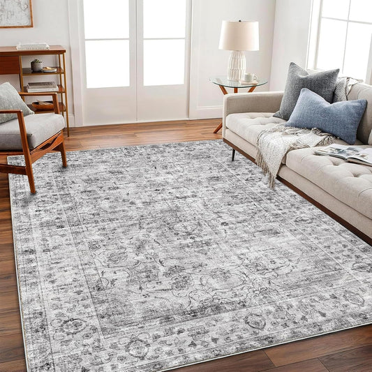 Area Rug 6'x9' Washable Vintage Traditional Floor Cover Thin Retro Kitchen Indoor Distressed Non Slip Carpet for Living Room Bedroom Dining Room