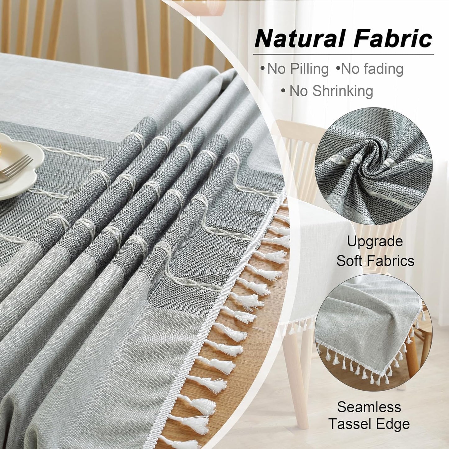 JIALE Tablecloths for Rectangle Tables,Cotton Linen Table Cloth Waterproof Tablecloth Wrinkle Free Farmhouse Dining Tables Cover,Soft Fabric Table Cloths with Tassels,Grey,55" X 55",2-4 Seats