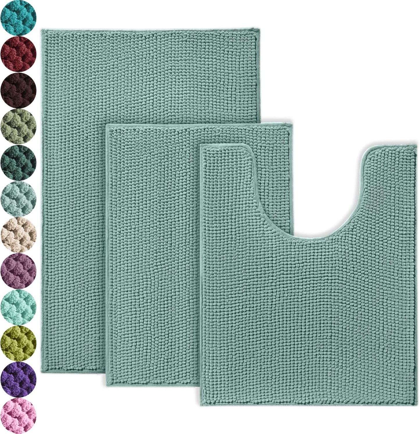 Urvoix Bathroom Rugs Sets 3 Piece, Non-Slip Chenille Bath Rug - Ultra Soft, Washable, Super Absorbent Bath Mat for Bathroom, Toilet and Tub (Aqua Sea)