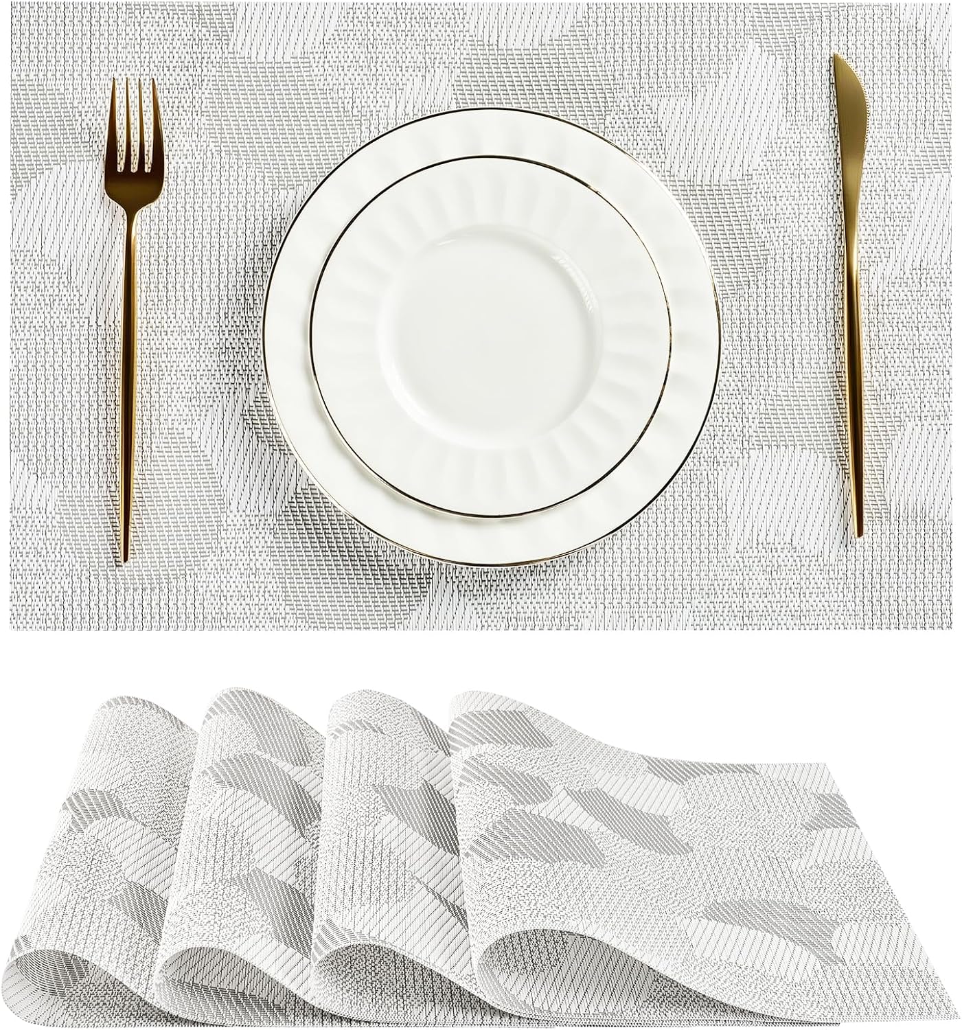 Leetaltree White Placemats Set of 4 - Heat Resistant Non-Slip Place mats for Dining Table, Washable Durable PVC Vinyl Woven Table Mats（White Circle, 4）