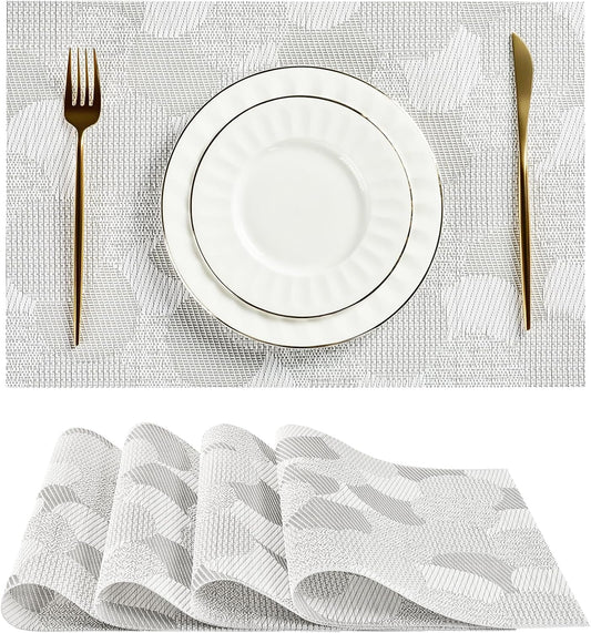 Leetaltree White Placemats Set of 4 - Heat Resistant Non-Slip Place mats for Dining Table, Washable Durable PVC Vinyl Woven Table Mats（White Circle, 4）