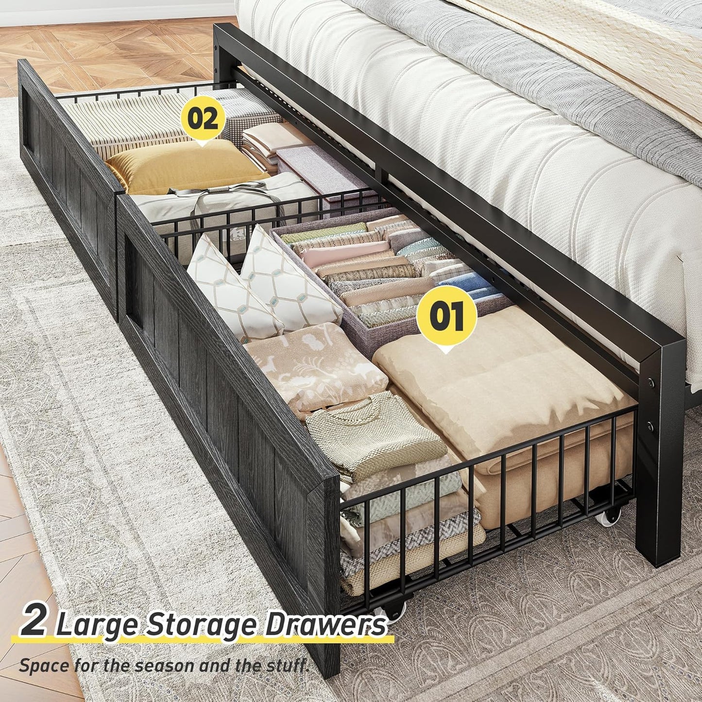 EnHomee Metal Queen Bed Frame with 2 Storage Drawers and Headboard Built in Charging Station & LED Light,NO Noise,No Box Spring Needed,Black