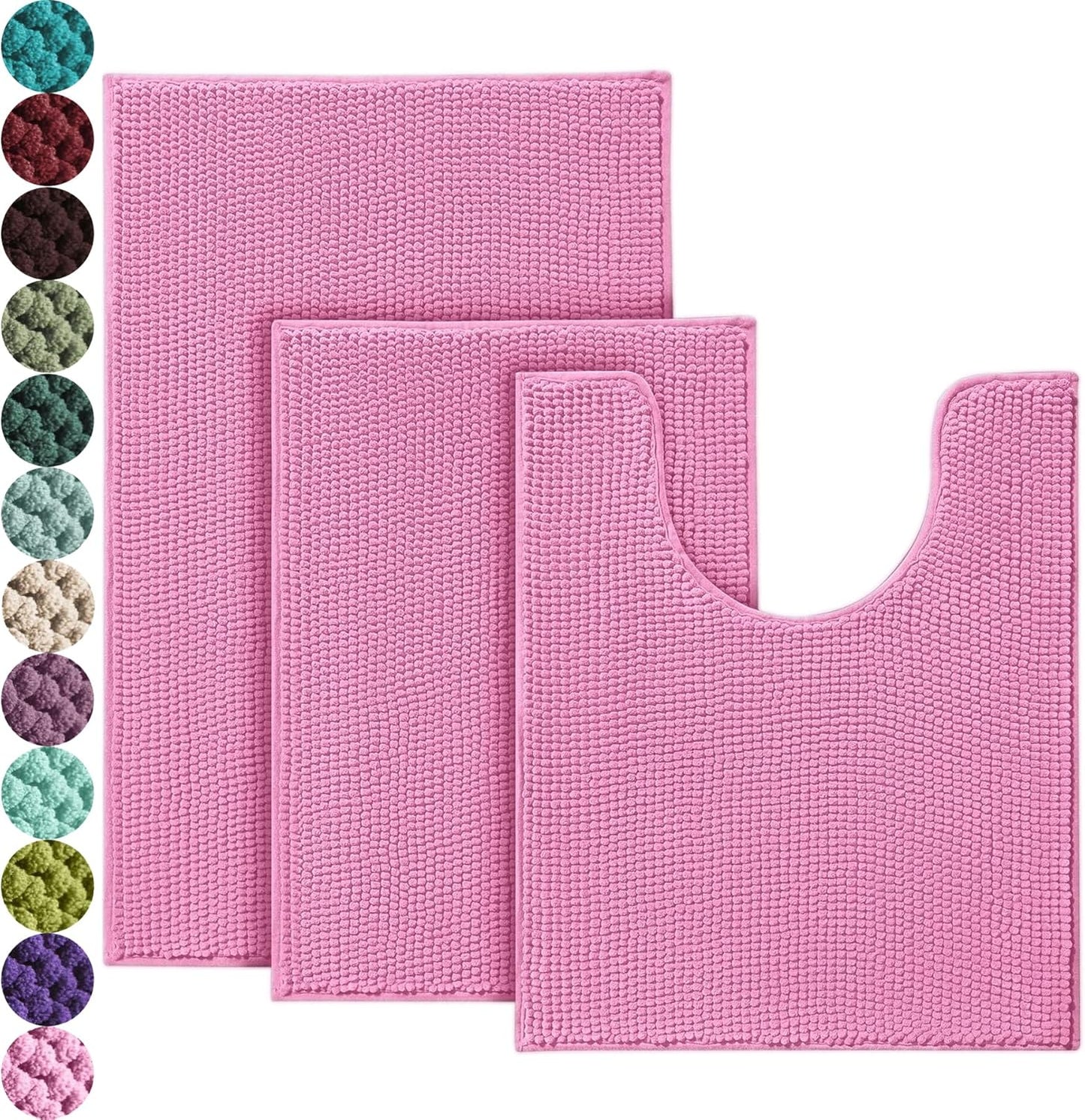 Urvoix Bathroom Rugs Sets 3 Piece, Non-Slip Chenille Bath Rug - Ultra Soft, Washable, Super Absorbent Bath Mat for Bathroom, Toilet and Tub (Pink)