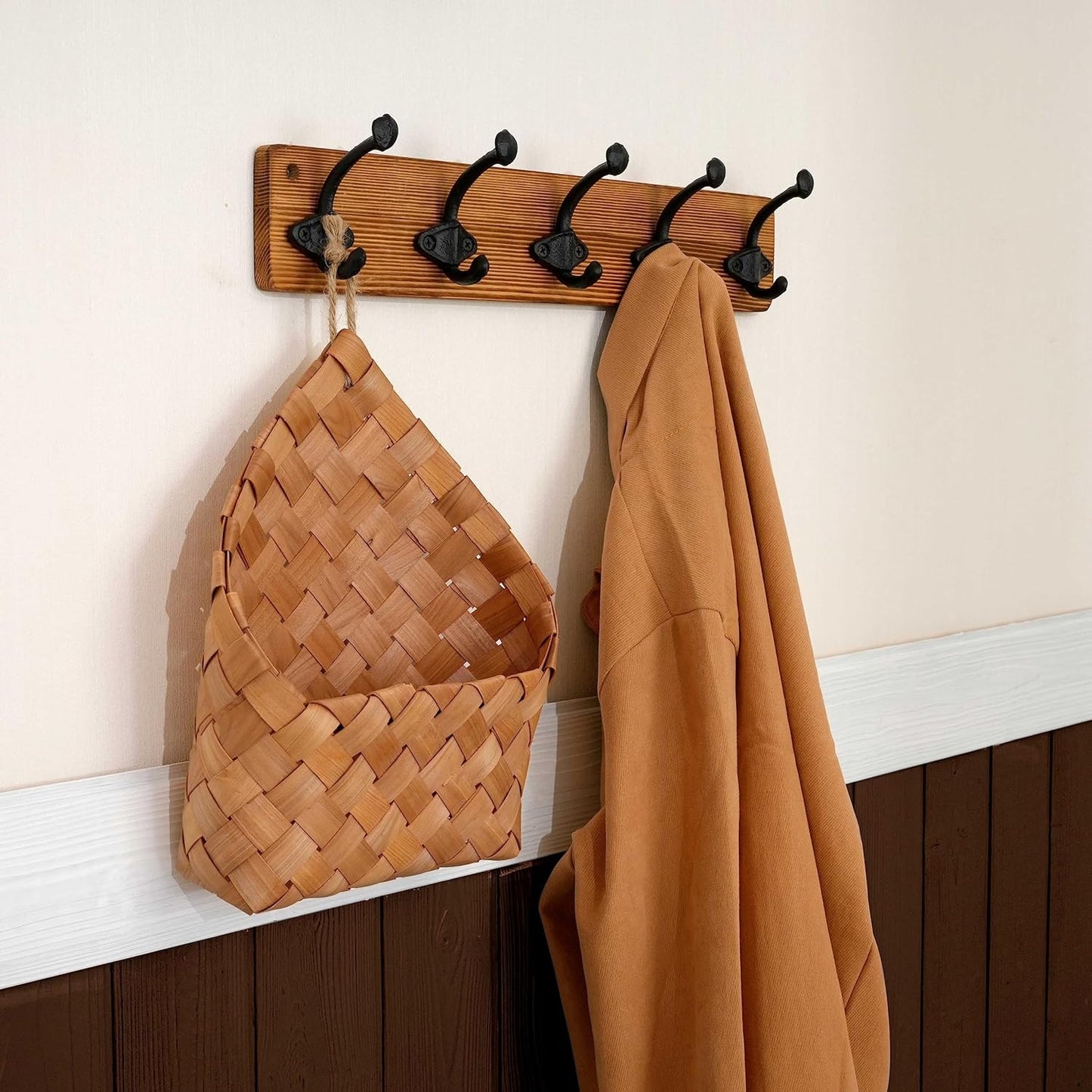 WEBI Rustic Coat Rack Wall Mount,5 Cast Iron Coat Hooks Wall Mounted,Heavy Duty Antique Vintage Hooks for Hanging Coats,Jacket,Clothes,Brown,2 Packs