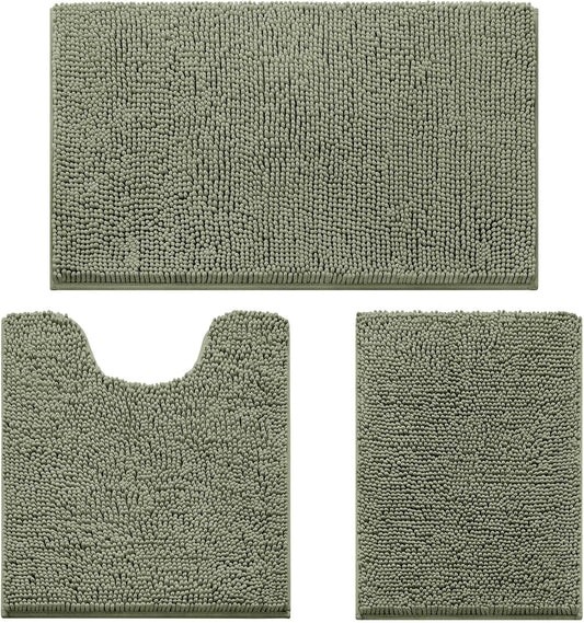 HOMEIDEAS 3 Pieces Bathroom Rugs, Ultra Soft Non Slip Absorbent Chenille Toilet Bath Mat Set (Sage Green,17"x24"+20"x32"+U Shape 20"x24")