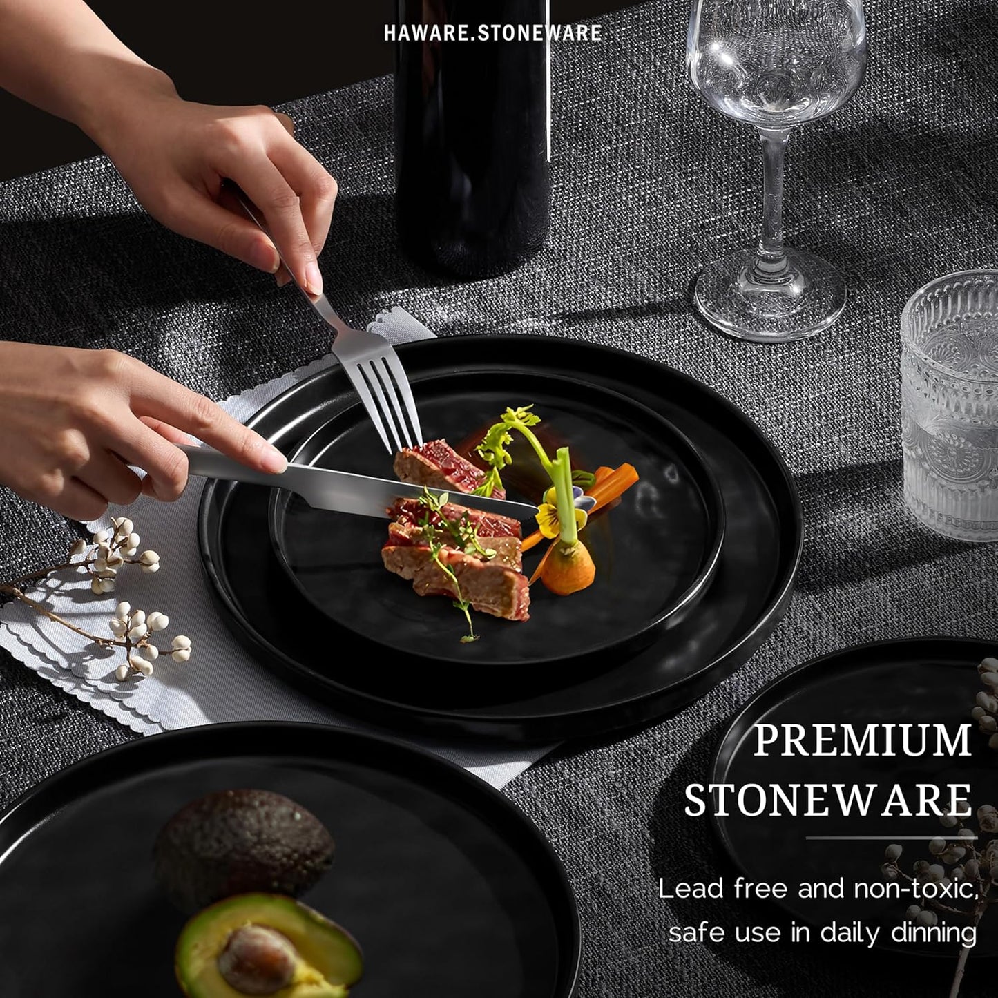 HaWare Dinnerware Sets, 12-Piece Plates and Bowls Set, Stoneware Dish Set for 4, Ceramic Dinnerware for Home Restaurant, Chip and Scratch Resistant, Microwave and Dishwasher Safe, Matte Black