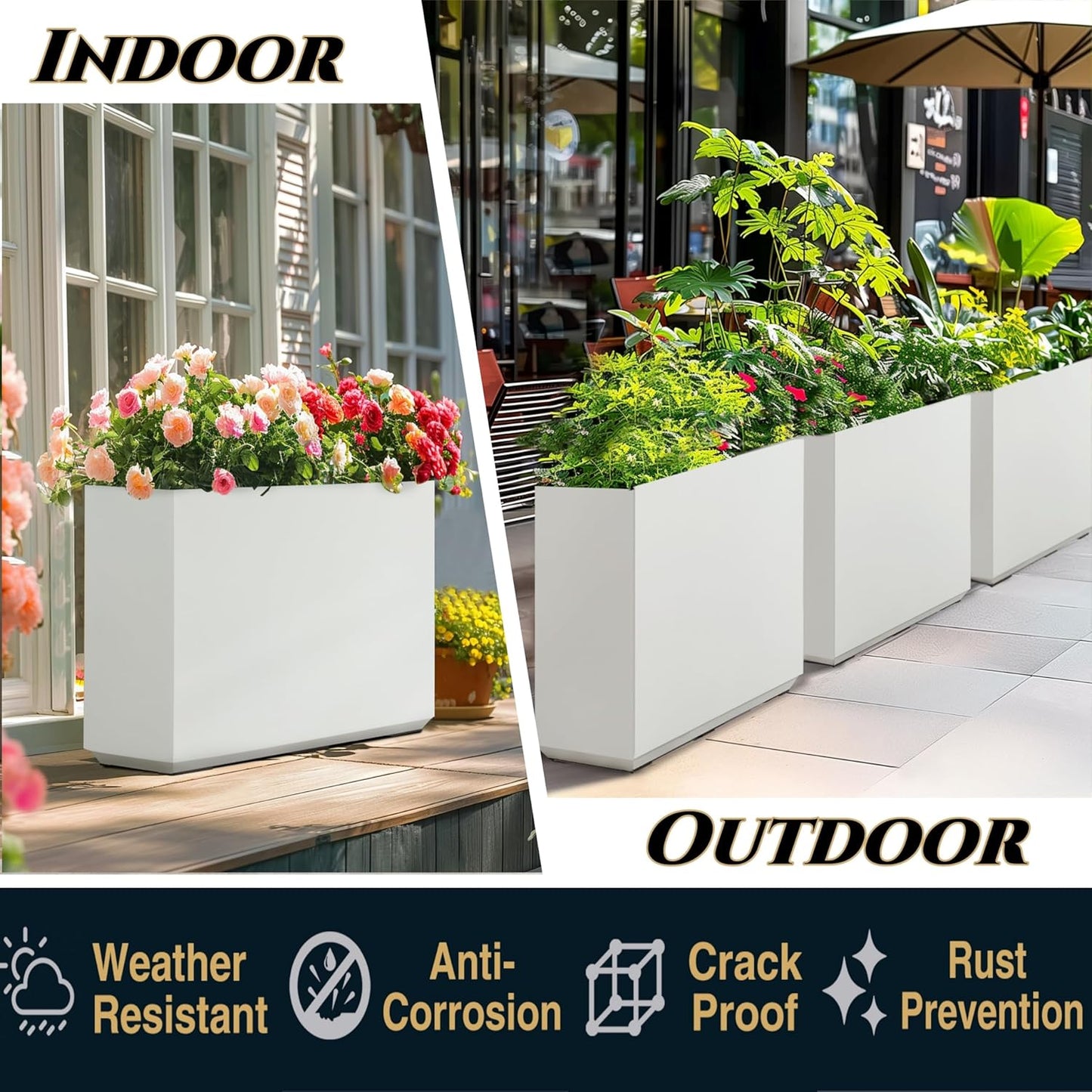 Wallowa Metallic Heavy Outdoor Planter Box, Span Plant Container, Long and Tall Divider Flower Pot, 30Lx10Wx24H, White, No Assembly 30.8 Pounds