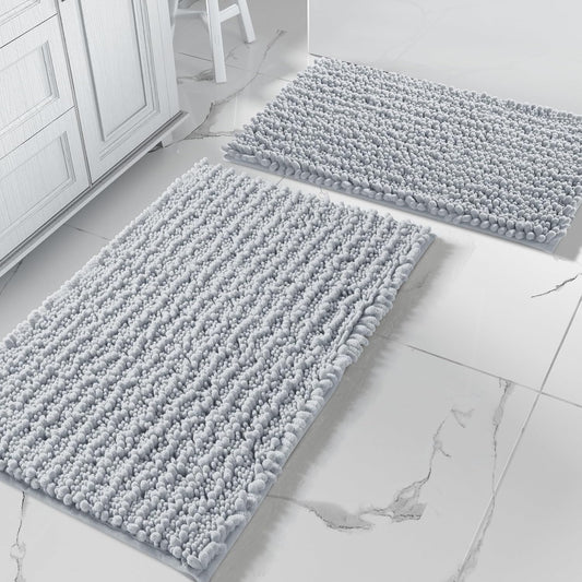 Yimobra Bathroom Rugs Sets 2 Piece - Quick Dry Extra Thick Luxury Chenille Bath Mat, Non Slip Super Absorbent for Tub Shower Sink, Machine Washable Shaggy Floor Mat, 32"x20"+24"x17" Inch, Silver