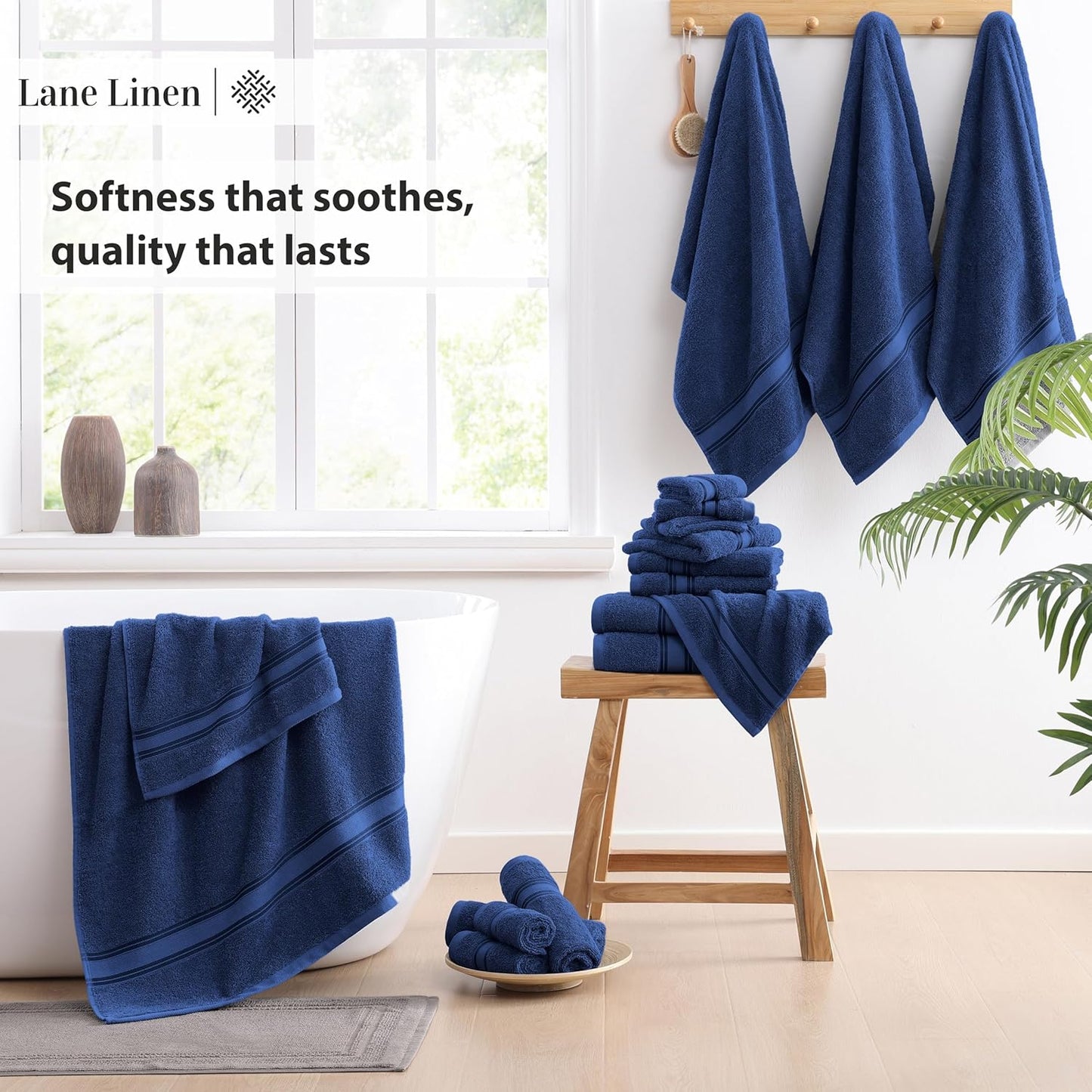 LANE LINEN 100% Cotton Luxury Bathroom Towel Set - 18 Pcs - Zero Twist, Quick Dry, Super Soft & Absorbent - 6 Bath, 6 Washcloths, 6 Hand Towels - Remains Fluffy Even After Multiple Washes - Navy Blue