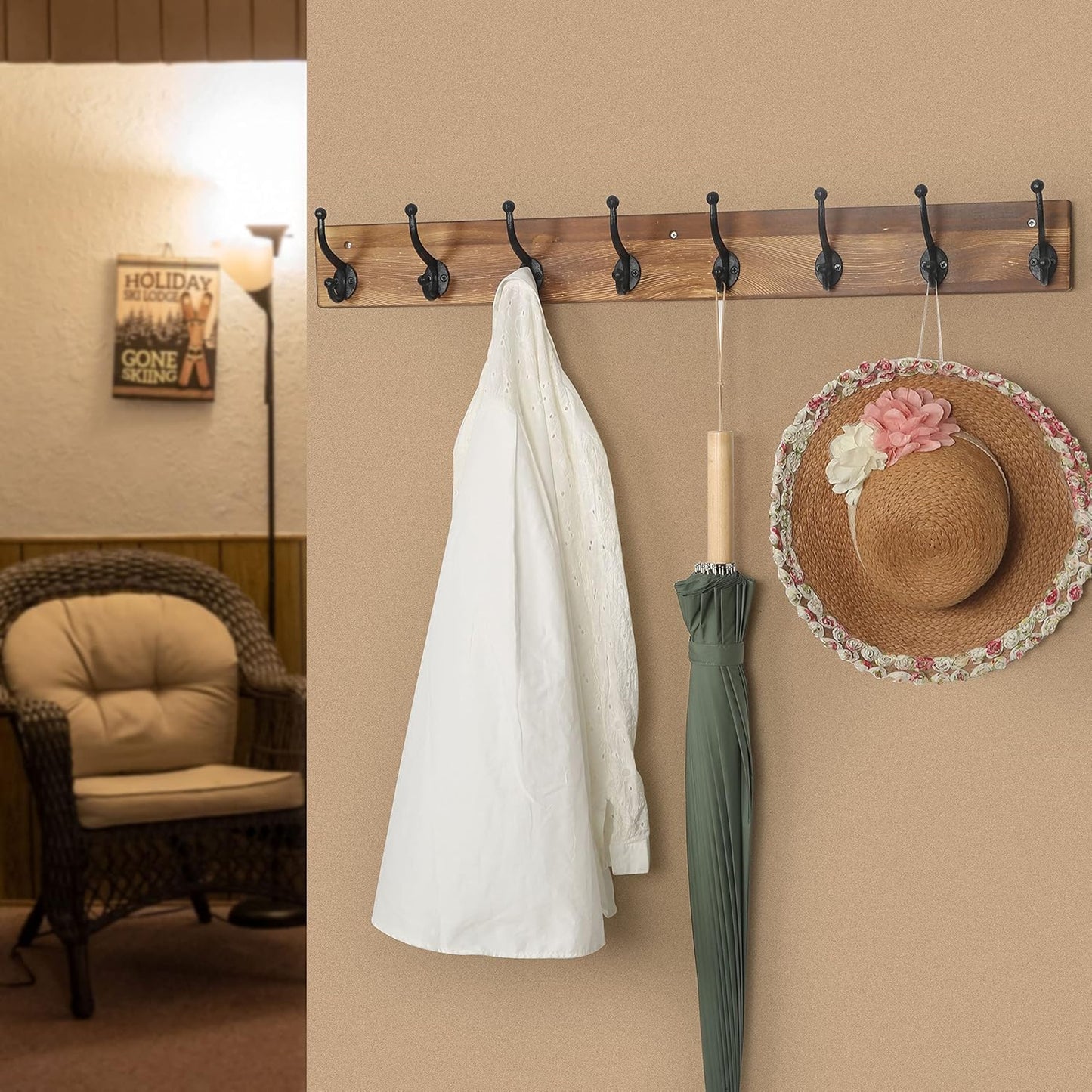 WEBI Rustic Coat Rack Wall Mount, 35.43" Long, 8 Cast Iron Coat Hooks, Heavy Duty Wall Coat Hanger Hooks for Hanging Jackets, Clothes, Rustic Brown