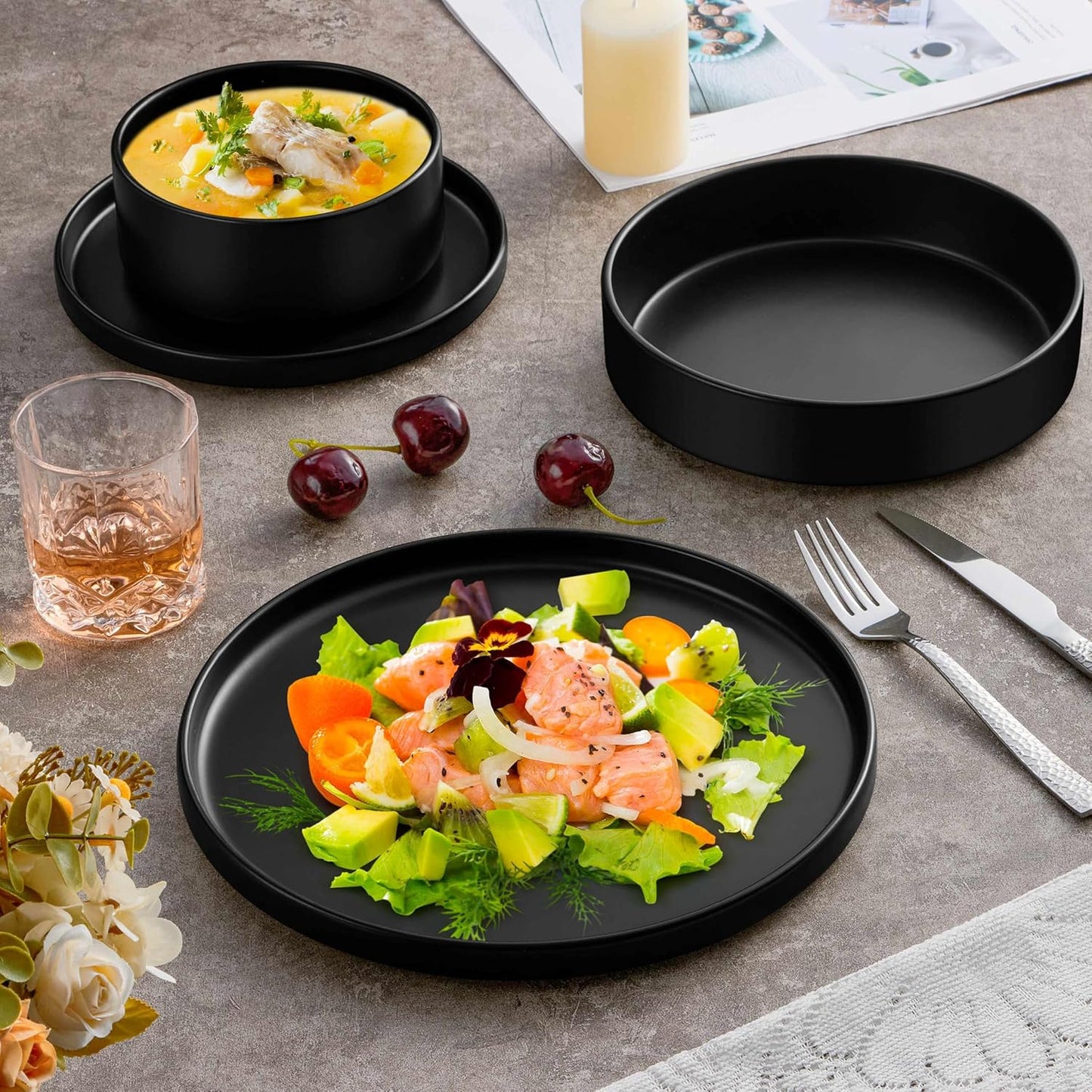 Herogo Dinnerware Sets with Pasta Bowls for 6, 24 Piece Dinner Salad Plates and Cereal Serving Bowls, Stoneware Dishes Dinner Ware for Home Kitchen, Dishwasher & Microwave Safe, Matte Black