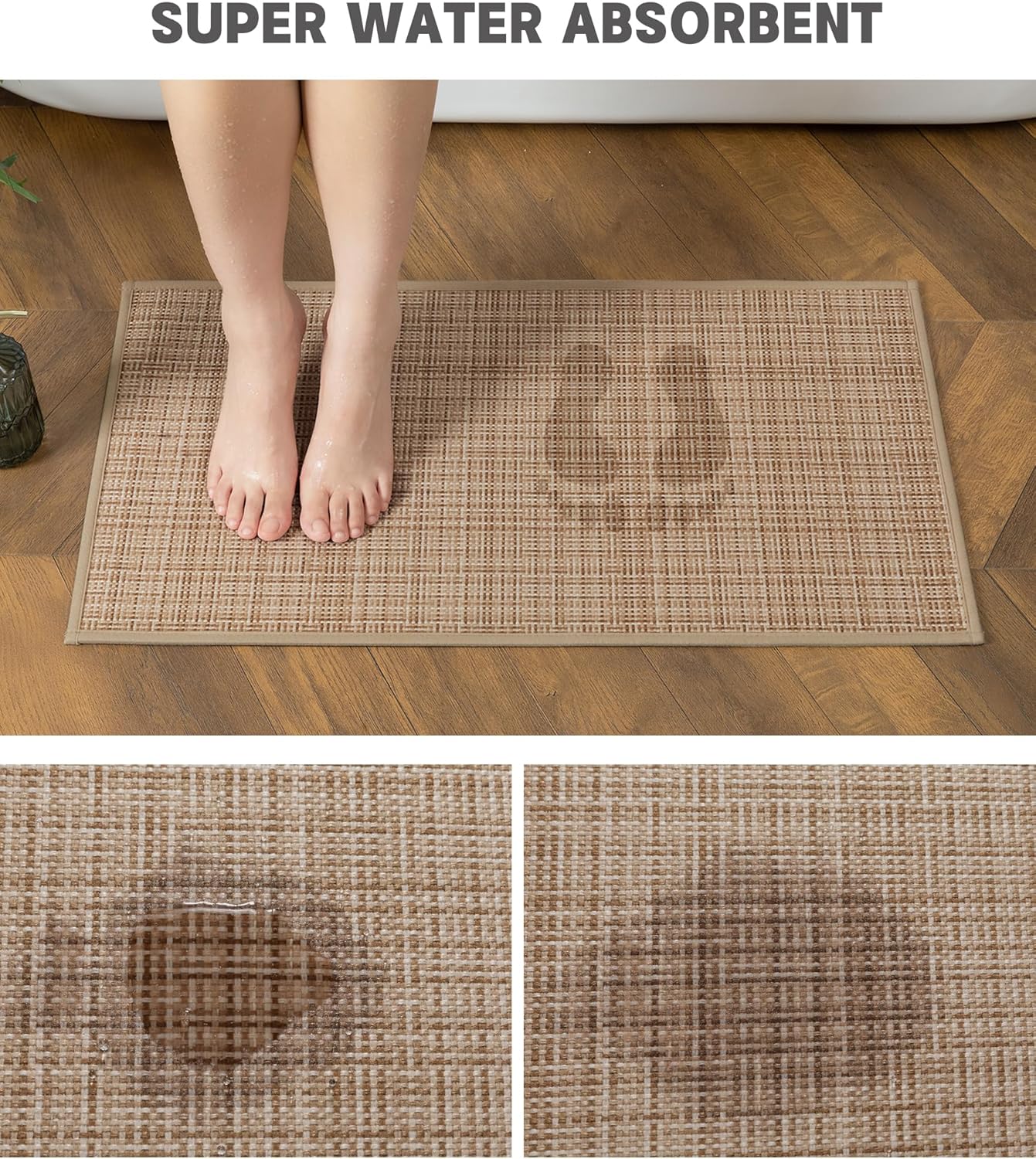 YIHOUSE Bathroom Rugs Sets 2 Pieces, Khaki Ultra Thin Bath Mats Fit Under Door, Absorbent Quickly Dry Rubber Backing Braided Bath Mat Set, Non Slip Washable Bath Rugs for Bathroom Floor, Khaki