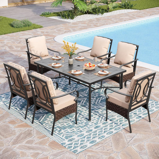 PHI VILLA Outdoor Dining Set for 6, All-Weather Patio Table and Chairs Set for 6, Heavy Duty Rectangle Patio Table Set for Deck, 6 Extra Large Outdoor Stationary Dining Chairs with Thick Cushions
