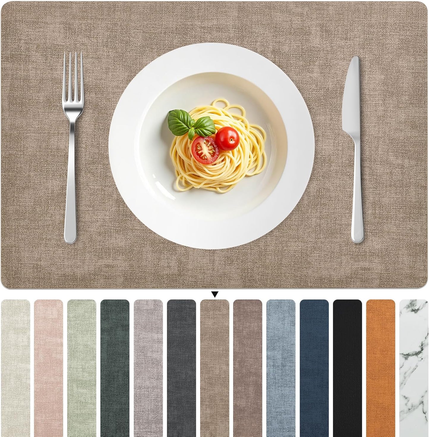 FROMHEART Faux Leather Placemats Set of 6–Waterproof,Heat/Oil Stain-Resistant PU Table Mat–Reversible,Non-Slip,Easy to Clean Place Mats for Kitchen,Dining,Indoor/Outdoor,(Light Coffee,11.8" x 17")