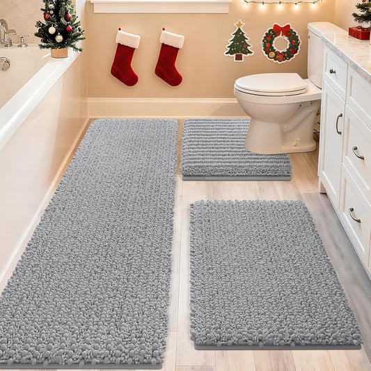 ACCUMTEK Upgrade Extra Large Light Grey Bathroom Rug Set 3 Pieces Gray Ultra Soft, Thick Absorbent Bath Mats, Non Slip Chenille Toilet Mat for Bathroom, Bedroom, Kitchen