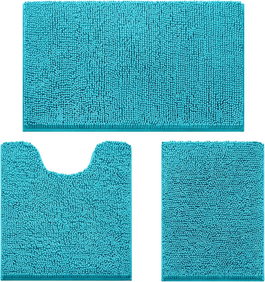 HOMEIDEAS 3 Pieces Bathroom Rugs, Ultra Soft Non Slip Absorbent Chenille Toilet Bath Mat Set (Teal Blue,17"x24"+20"x32"+U Shape 20"x24")