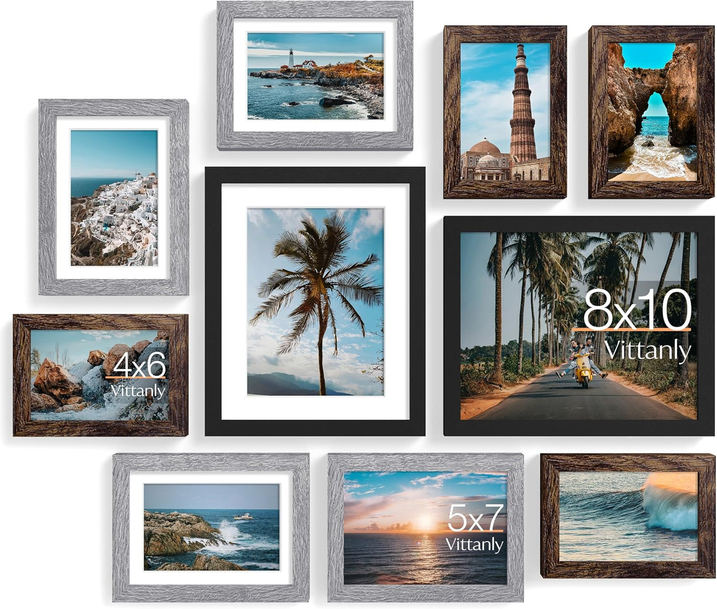 Vittanly Picture Frames Set of 10, Picture Frames Collage Wall Decor with Two 8x10, Four 5x7, and Four 4x6 Photo Frames, Gallery Wall Frame Set for Wall or Tabletop Display, Black&Brown&Grey