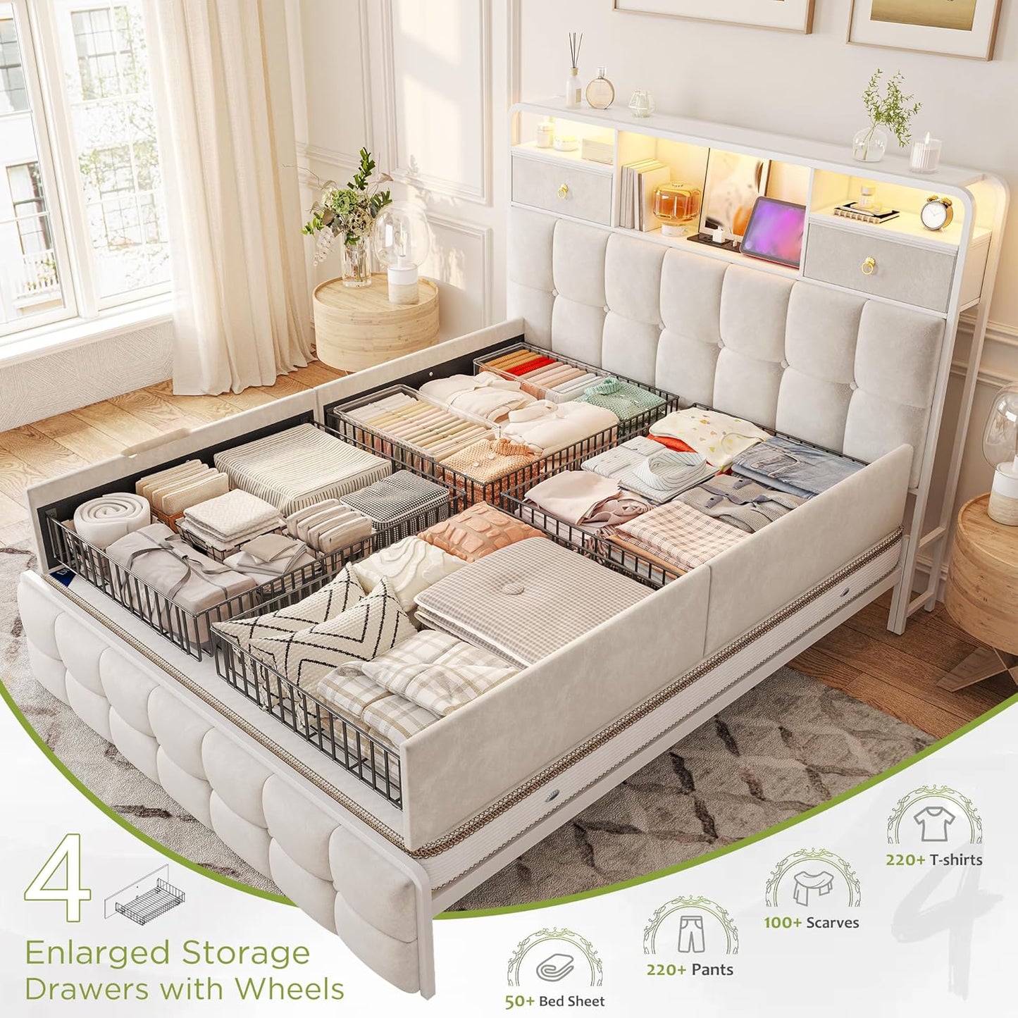 EnHomee Full Size Bed Frame with Upholstered Headboard and 6 Storage Drawers,Bed Frame Full with LED Lights and Charging Station,no Box Spring Needed,No Noise, Easy Assembly,Velvet,Sturdy,Soft,Beige