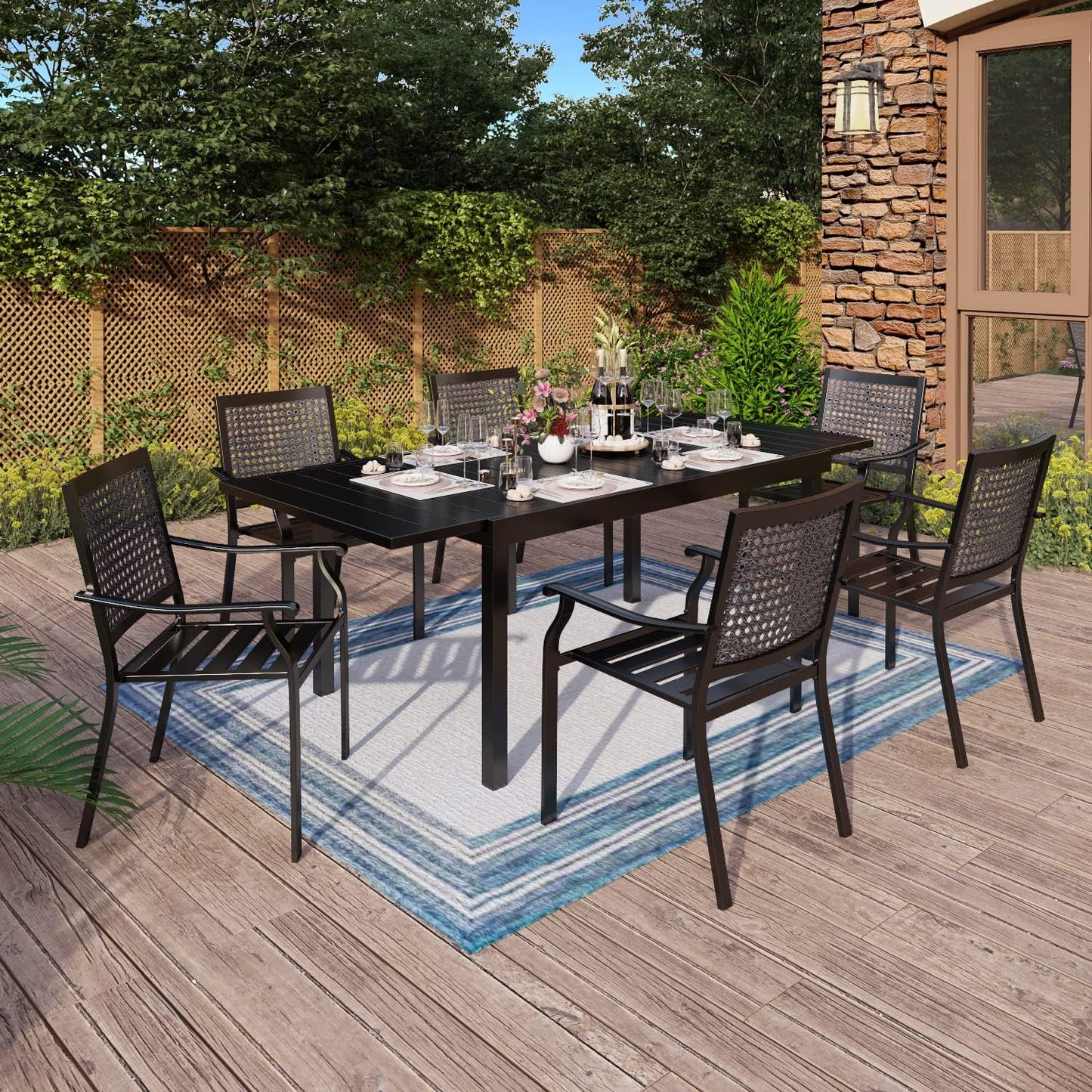 MFSTUDIO Patio Dining Set for 6, Outdoor Dining Set with Expandable Table, 7 Piece Metal Patio Table and Chairs Set, Outdoor Patio Furniture Set for Deck Backyard Poolside Garden