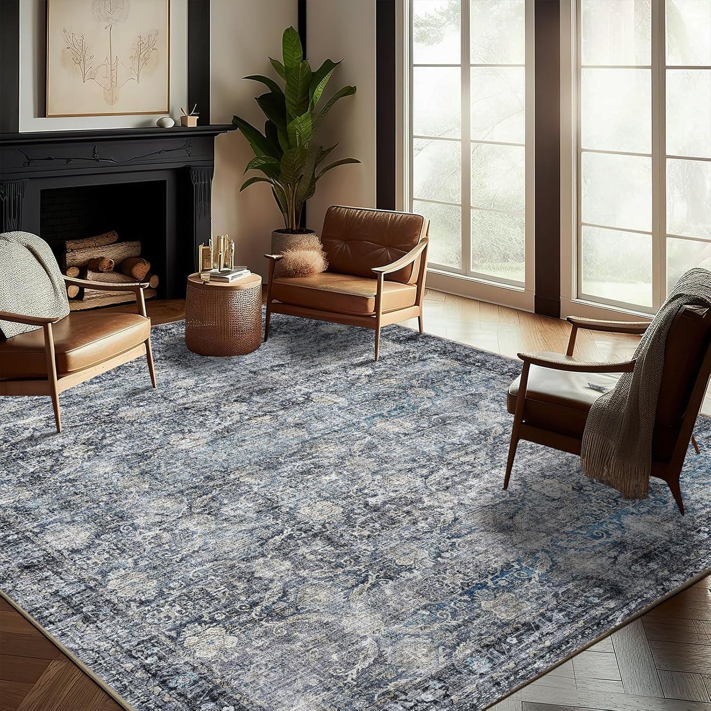 Washable Area Rug 8'x10' Boho Design Non-Shedding Non-Slip Easy Care Ideal for High Traffic Areas in Living Room Bedroom Office Coffee Table Kitchen Large Carpet