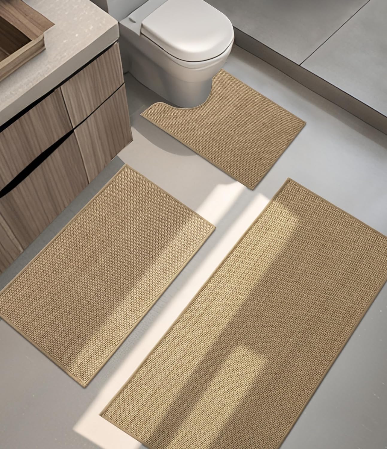 YIHOUSE Bathroom Rugs Sets 3 Pieces, Beige Ultra Thin Bath Mats Fit Under Door, Absorbent Quickly Dry Rubber Backing Braided Bath Mat Set, Non Slip Washable Bath Rugs for Bathroom Floor, Beige