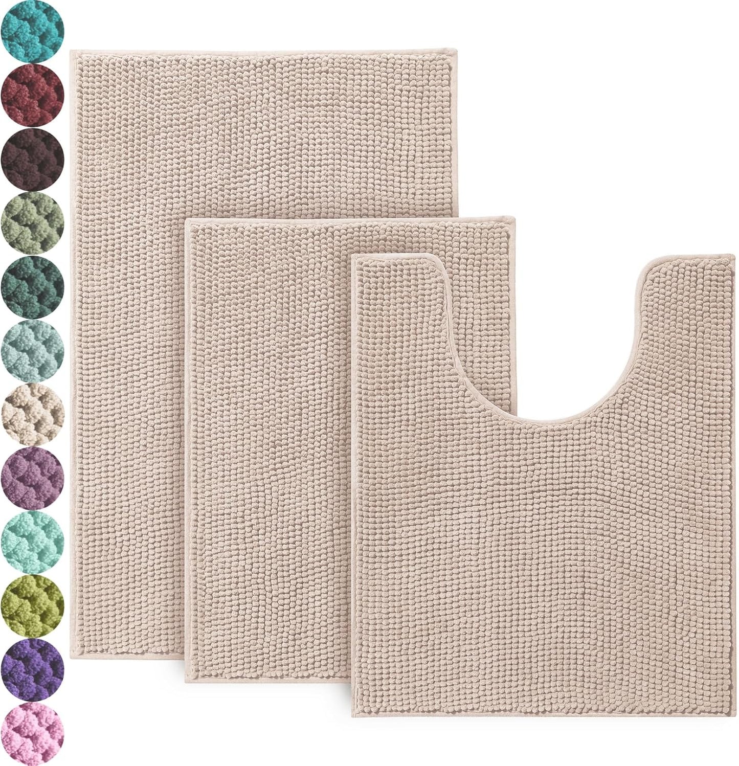 Urvoix Bathroom Rugs Sets 3 Piece, Non-Slip Chenille Bath Rug - Ultra Soft, Washable, Super Absorbent Bath Mat for Bathroom, Toilet and Tub (Cream)
